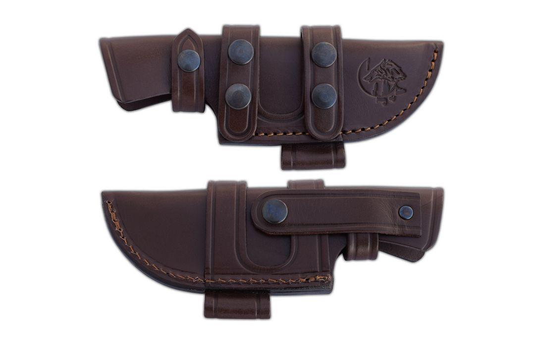 Coltello tattico JV Chacal bushcraft con manico in legno di cocobolo e fodero in pelle multiposizione