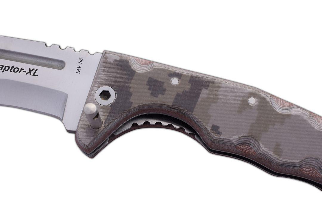 JV Raptor XL navaja bushcraft con hoja tracker y mango de micarta camo desierto