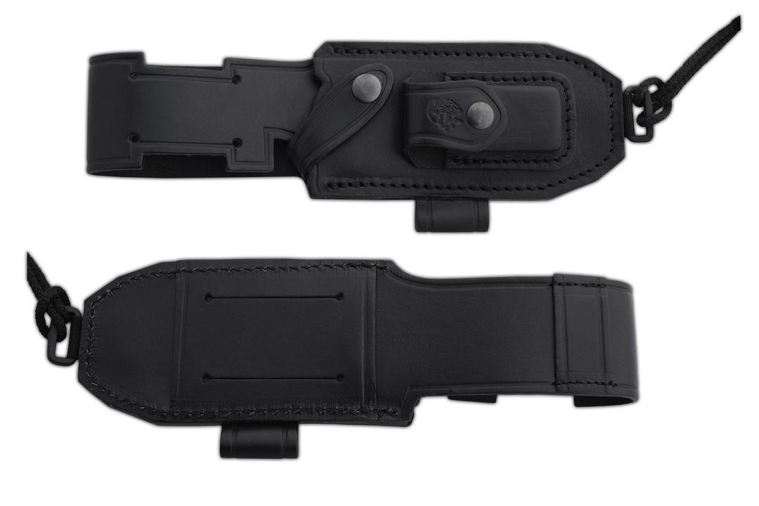 JV Chacal cuchillo bushcraft con mango de micarta negra y funda de piel