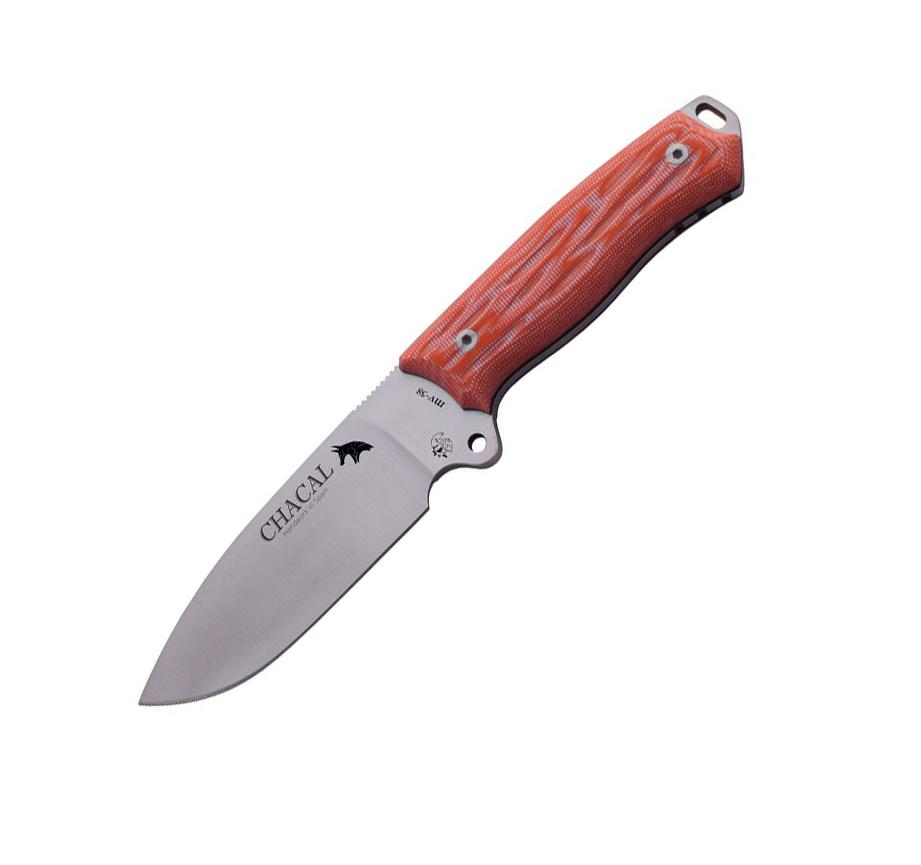 JV Chacal bushcraft knife with orange micarta handle and cordura ...