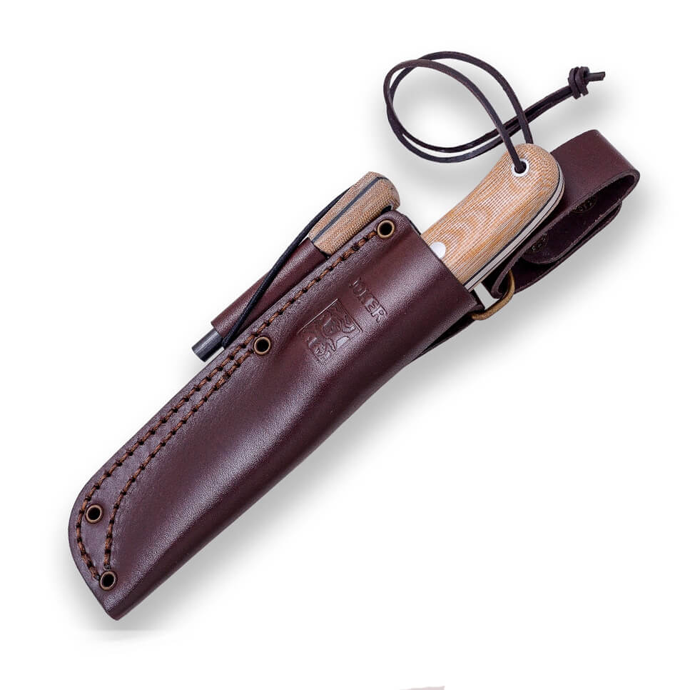Cuchillo bushcraft Joker BS9 Trampero S con mango de micarta marrón y hoja escandi de 10 cm con pedernal