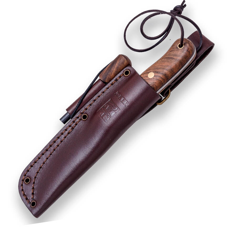 Coltello Bushcraft Joker BS9 Trampero S con manico in legno di noce e lama scandi da 10 cm con pietra focaia