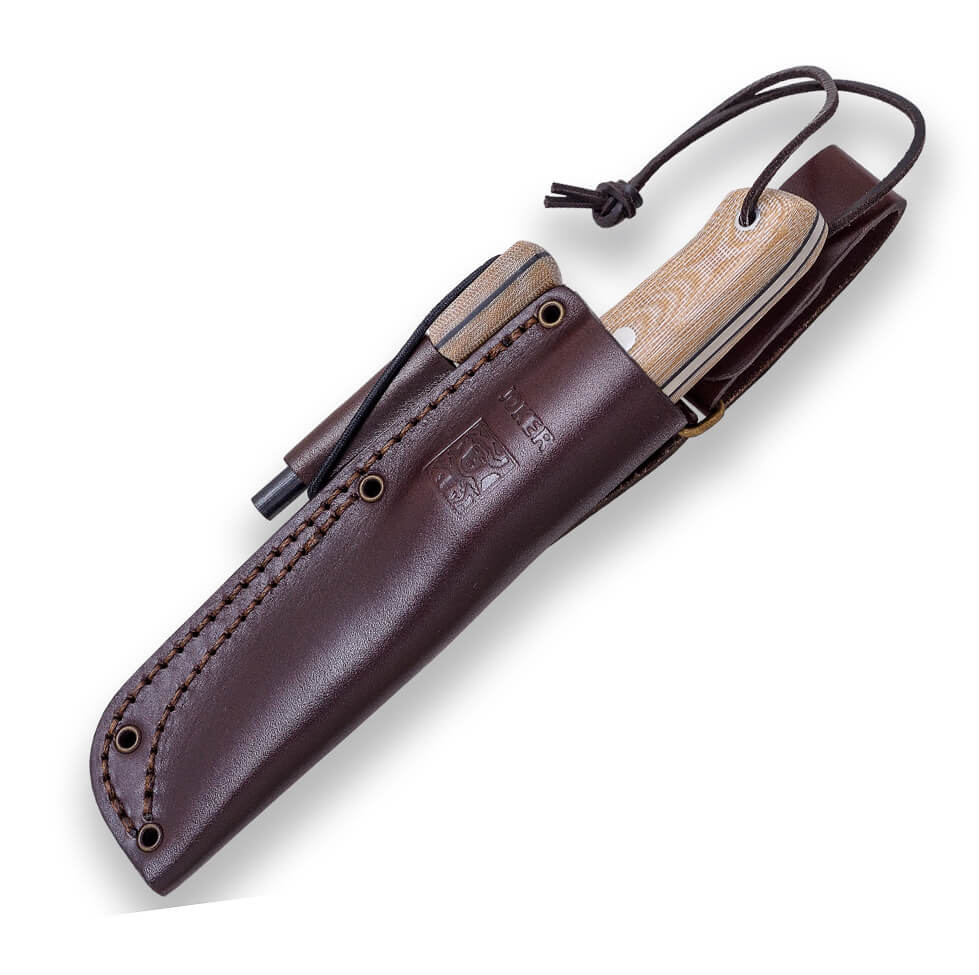 Cuchillo bushcraft BS9 Nórdico Joker con mango de micarta marrón y hoja de Böhler K720 con pedernal