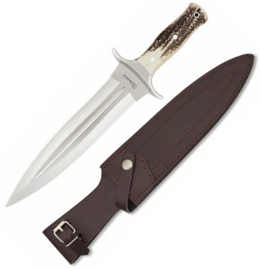 Couteau sportif Albainox avec manche en corne de cerf, étui en cu...