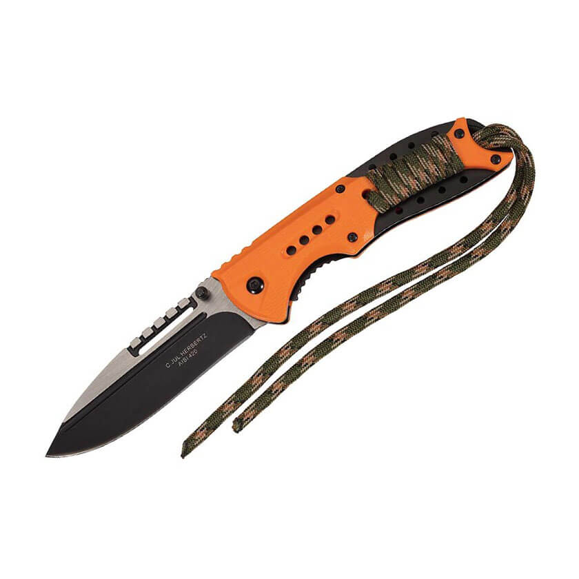 Tactical folding knife with orange and black plastic handle and 9...