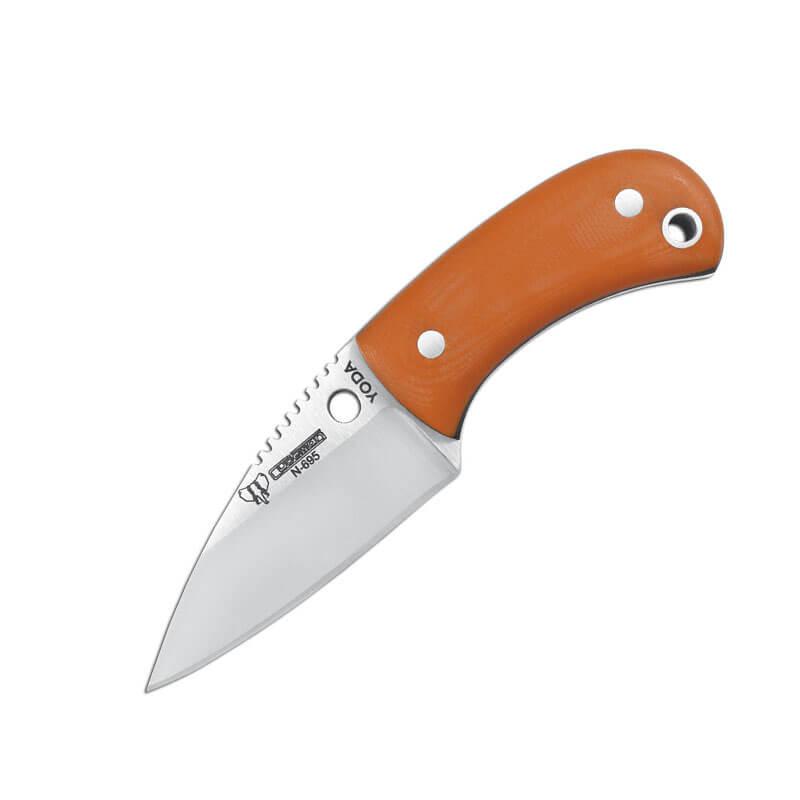 Cuchillo bushcraft Cudeman mod. YODA. Mango G10 naranja. Funda de cuero.