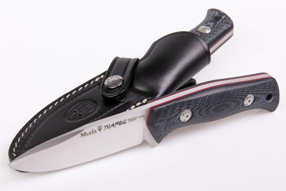 Muela Coltello Tuareg con manico in micarta nera e blu con fodero in pelle nera