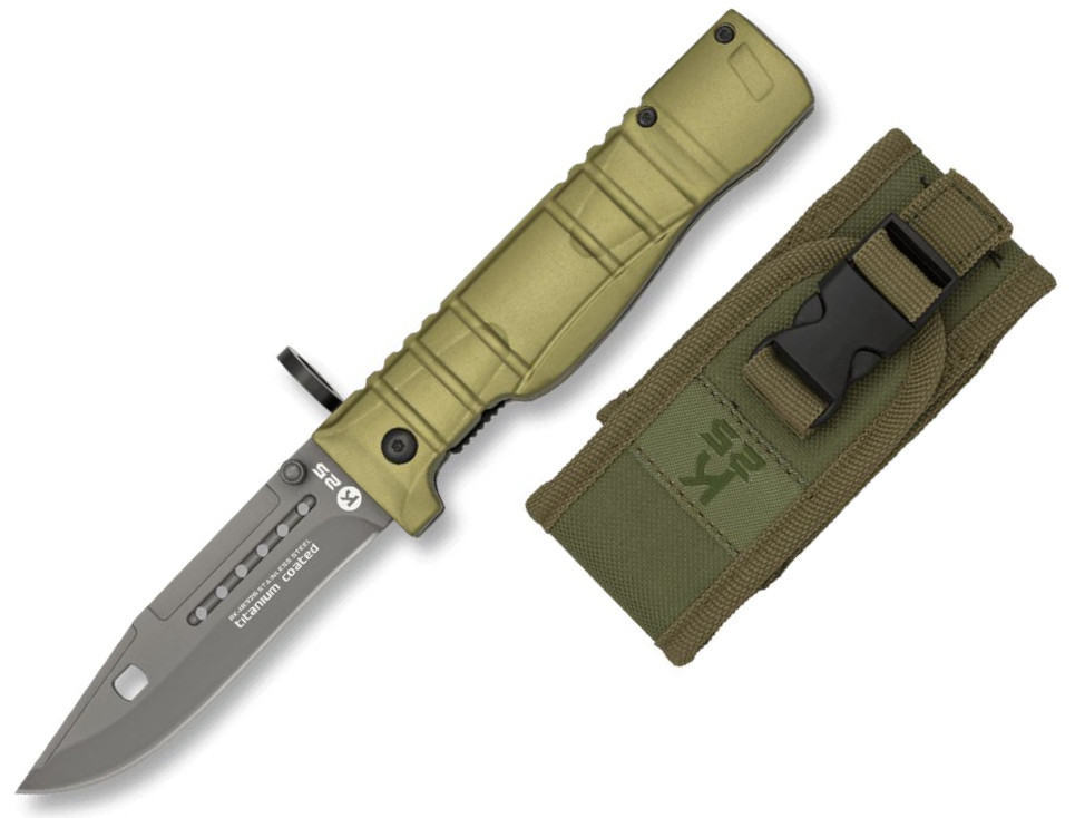 Navaja bayoneta K25 con mango de aluminio engomado de color verde...