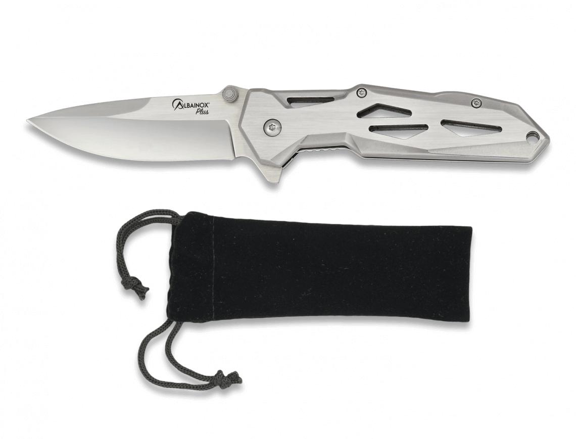 Albainox Plus pocket knife with steel handle, velvet sheath, glov...