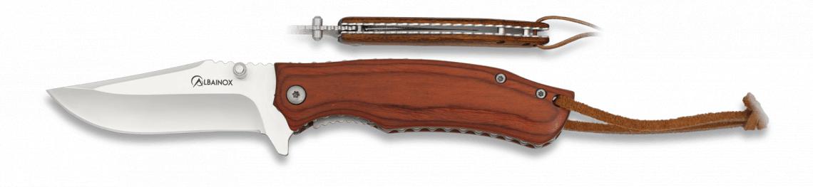 Albainox-Taschenmesser in einer Farbbox mit rotem Pakkawood-Griff...