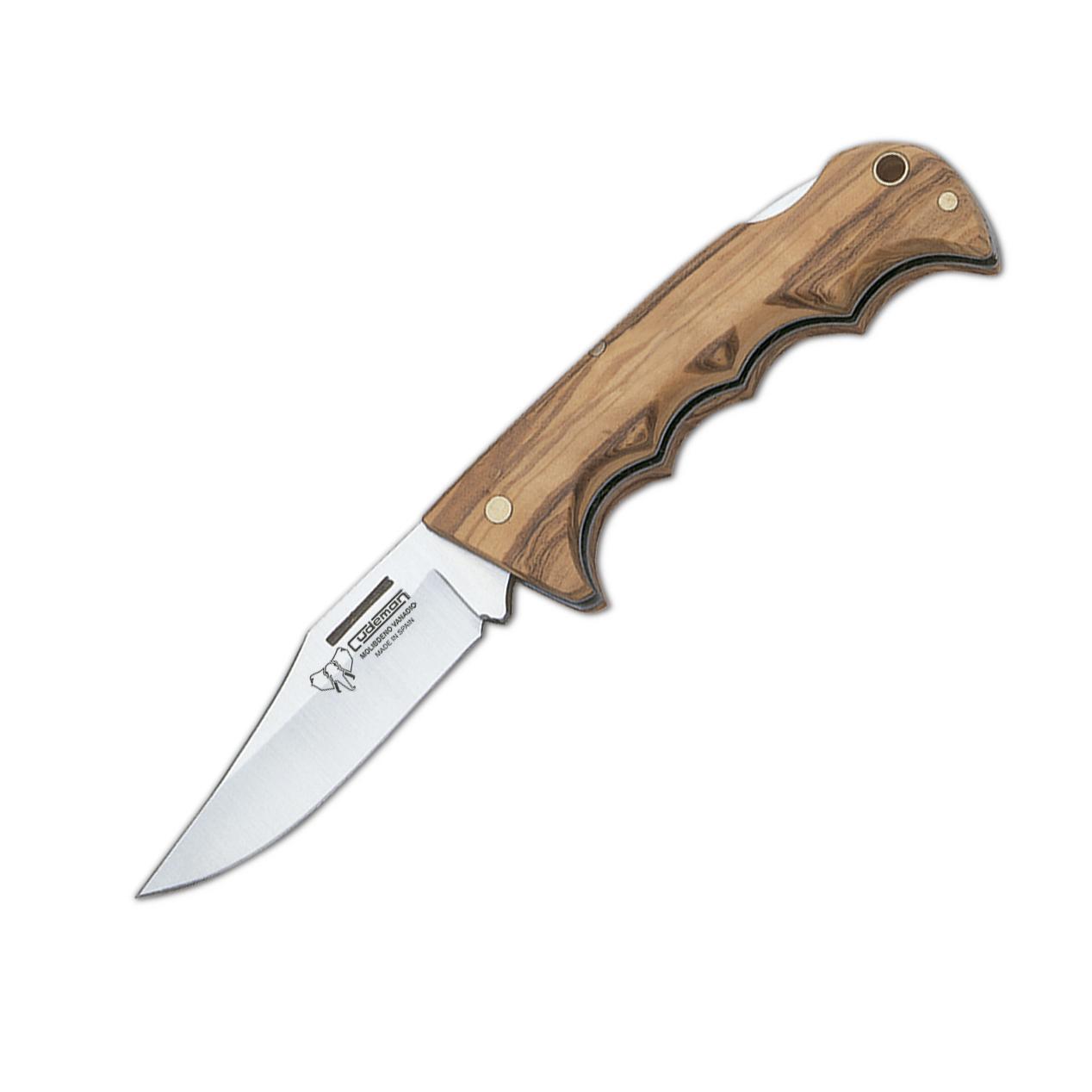 Couteau de poche de chasse Cudeman. Manche en bois d'olivier. 8cm. Feuille Clip-Point. Fourreau en cuir