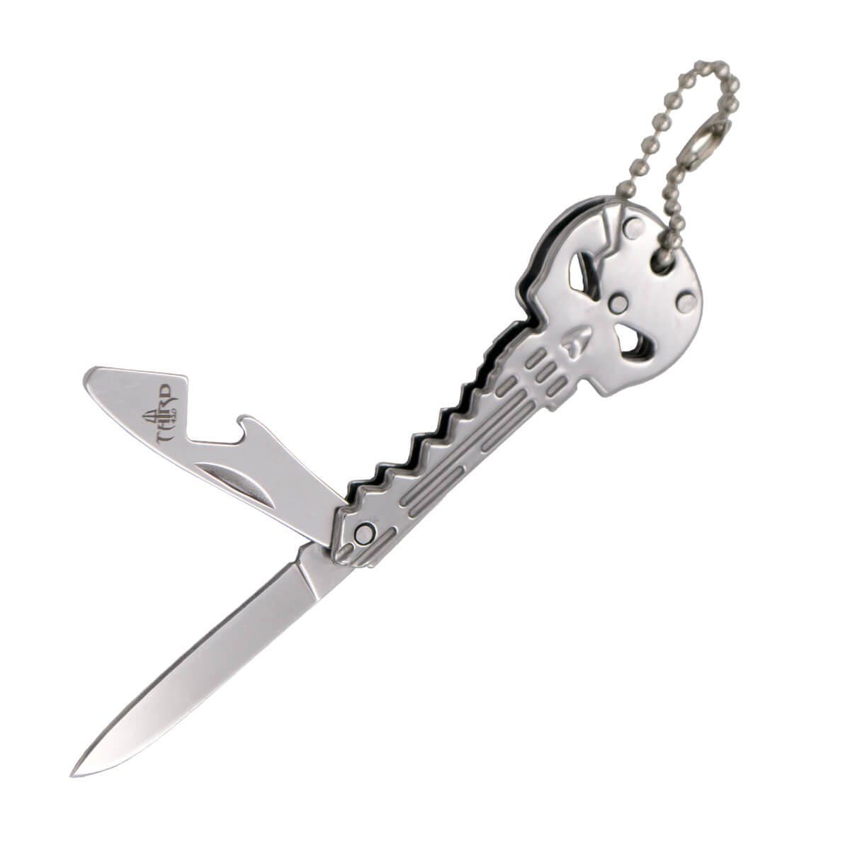 Silver stainless steel skull key ring knife with 4.6 cm blade