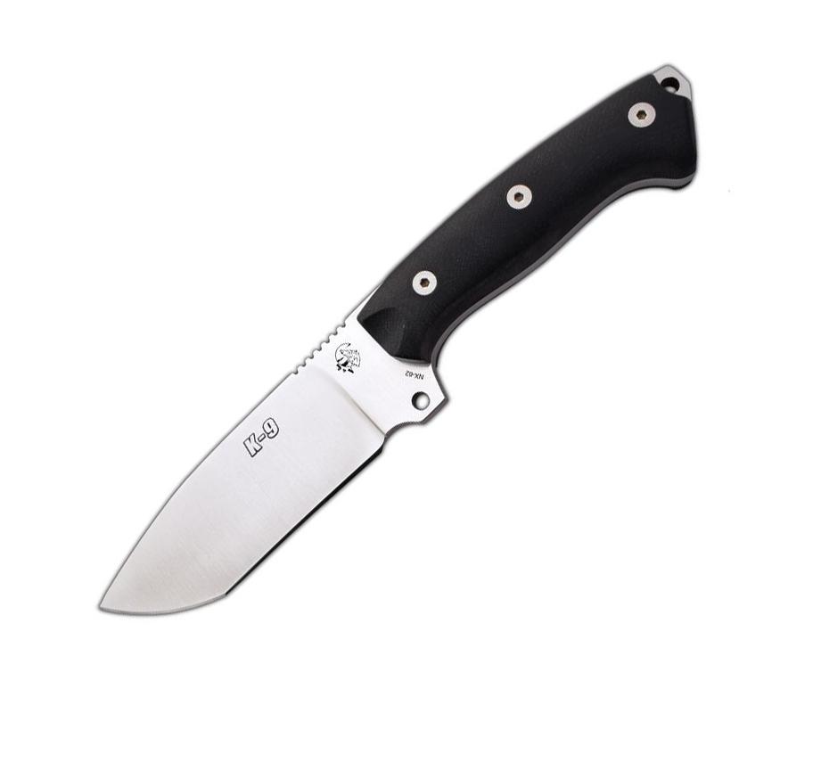 Faca tática JV K9 com cabo G10 e bainha de couro