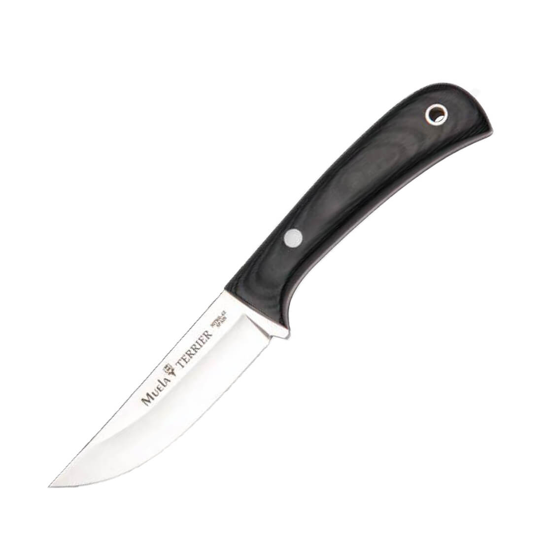 Cuchillo Muela Terrier cachas de micarta negra con funda de cuero