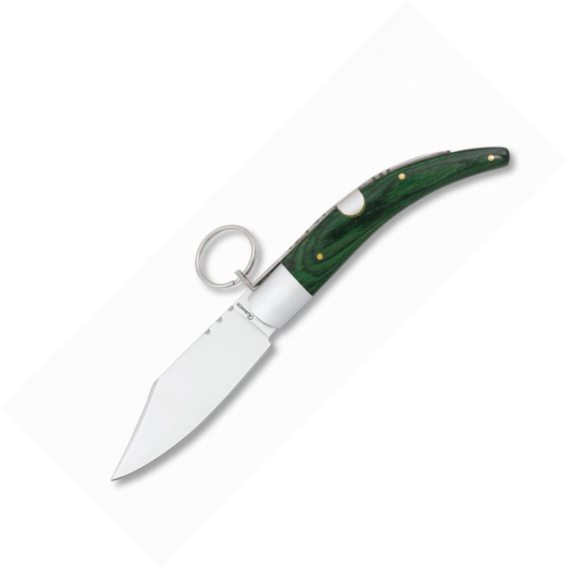 Navaja clásica con hoja ancha, y bloqueo de anilla. Mango estamin...