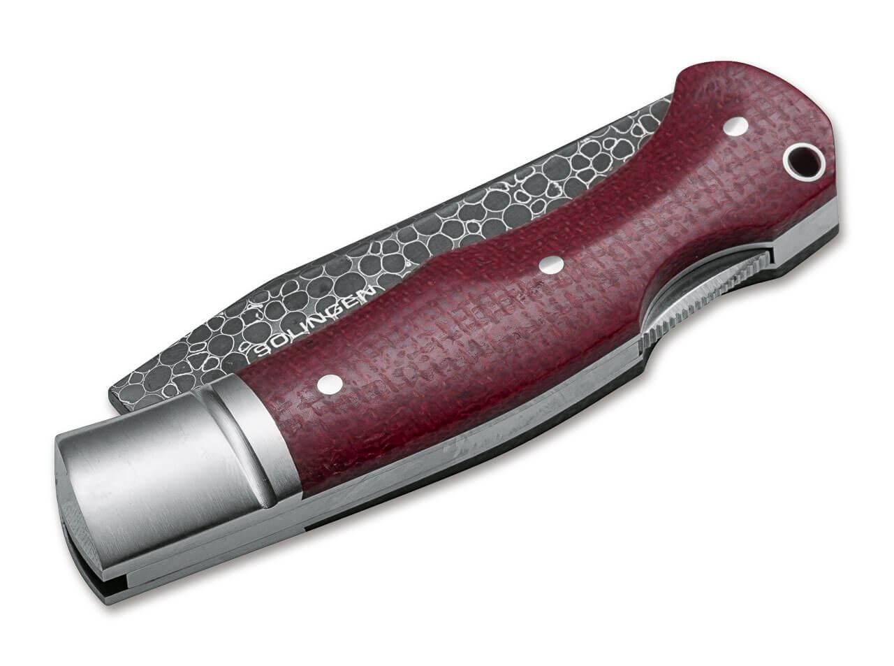 Coltellino da collezione Boker Boxer con lama in acciaio damasco e manico in micarta rossa