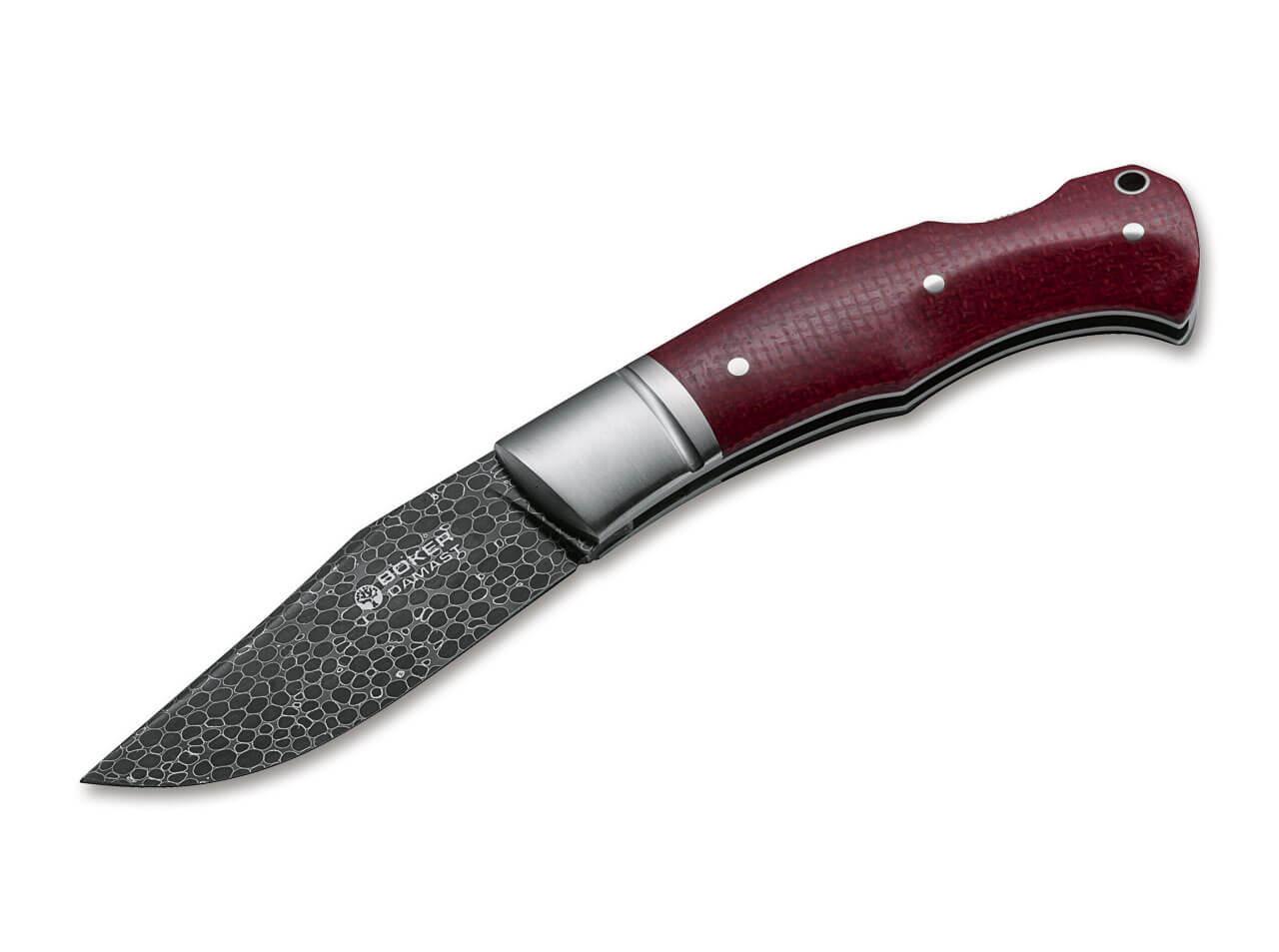 Coltellino da collezione Boker Boxer con lama in acciaio damasco e manico in micarta rossa