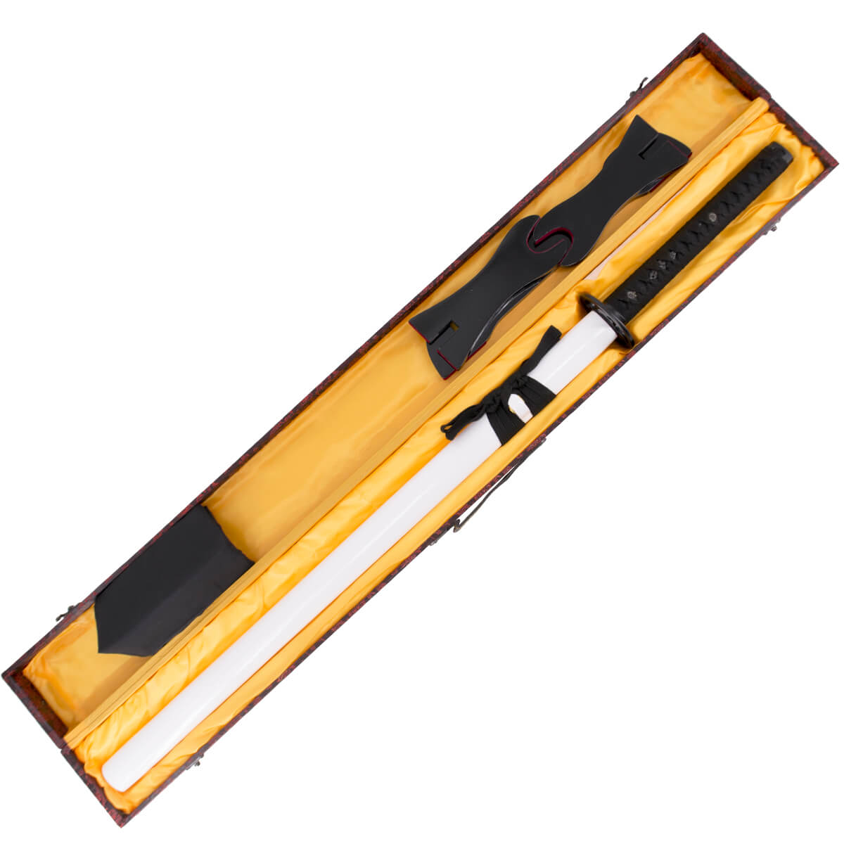 Katana fonctionnel avec lame en acier damas rouge et fourreau blanc