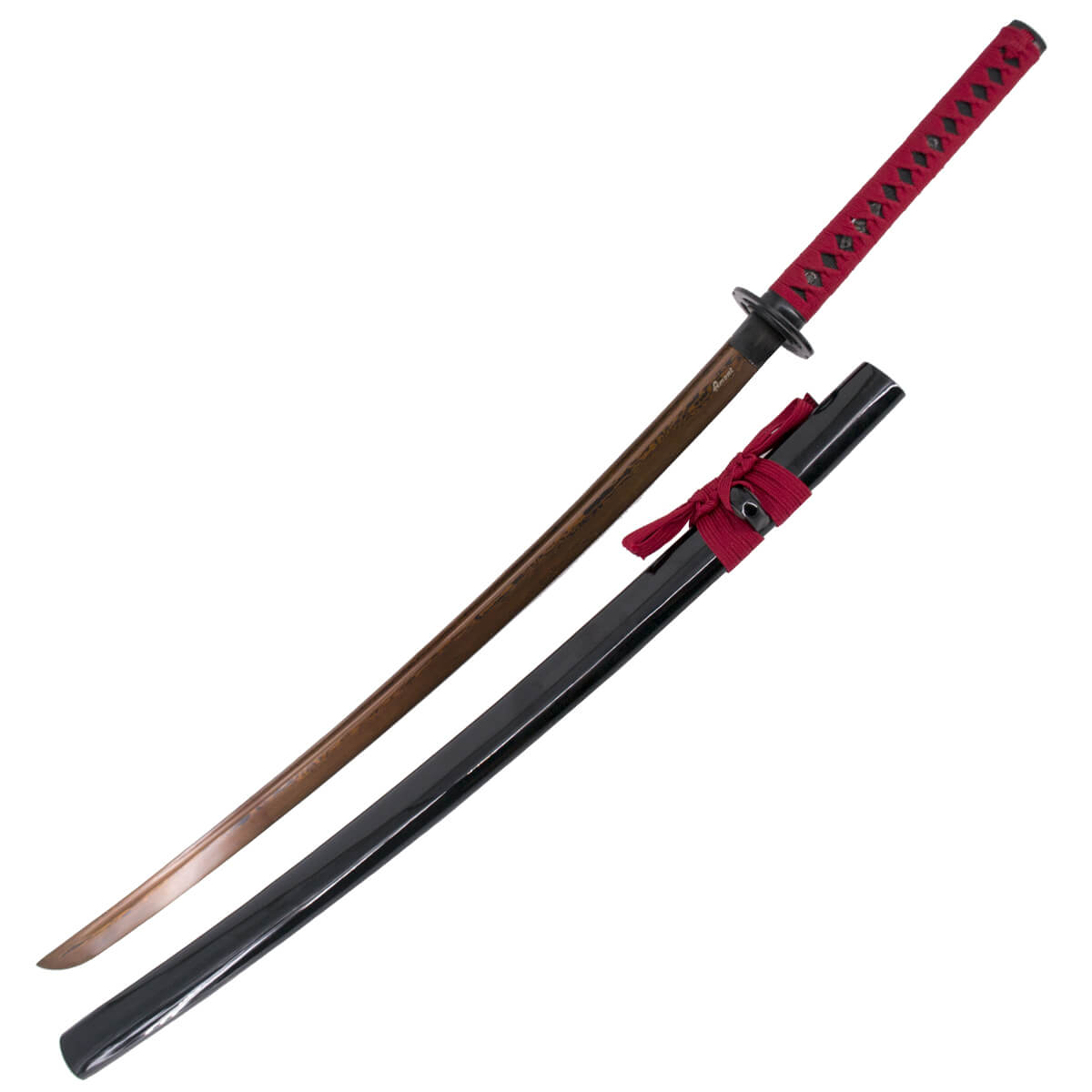 Katana funcional con hoja de acero carbono rojo y vaina negra