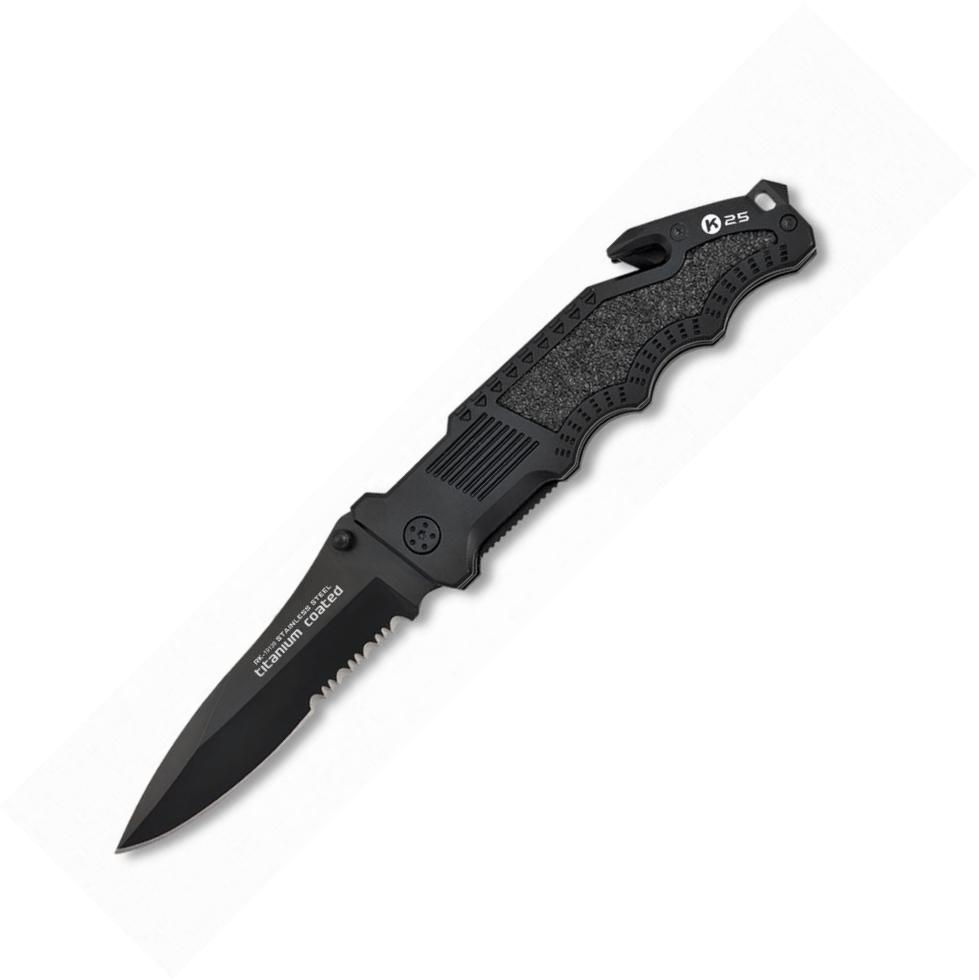 Navaja táctica K25 con funda de nylon, mango de aluminio negro, c...