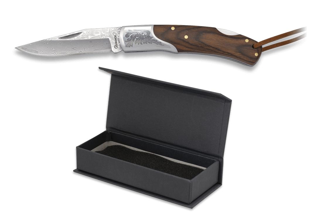 Navaja Albainox Damasco con cachas de stamina marrón, virola deco...