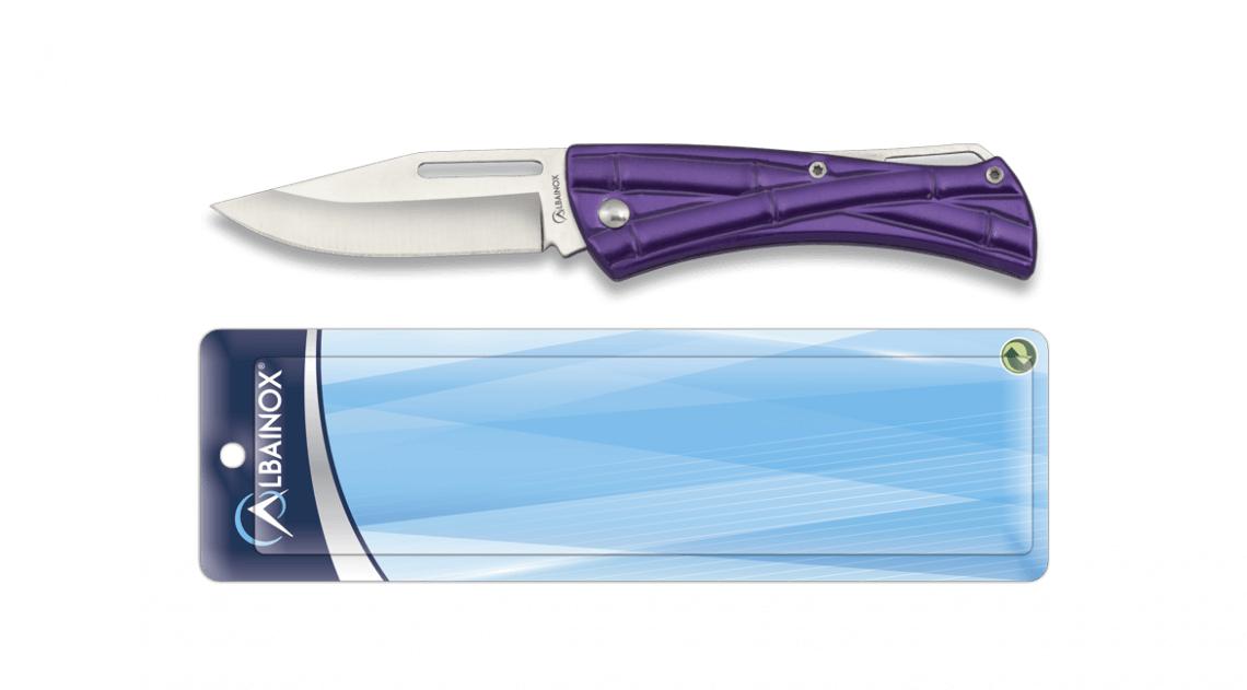 Navaja Albainox morada en blister, cachas de acero y hoja de 7,1 ...