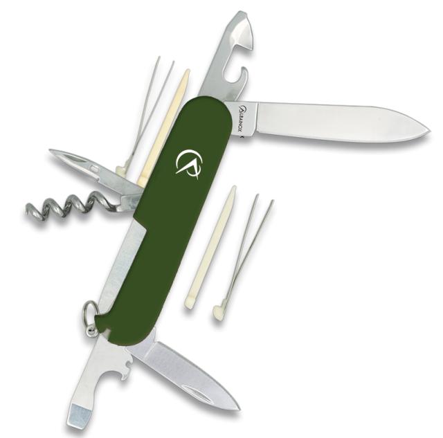 Green multi-tool pocket knife with 9 tools
