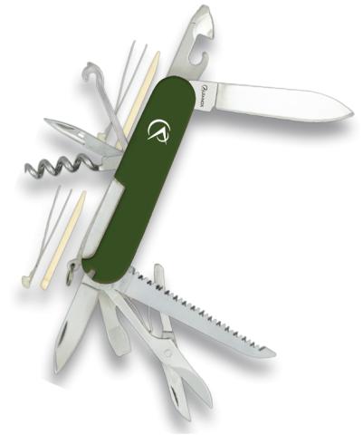 Green multi-tool pocket knife with 12 tools