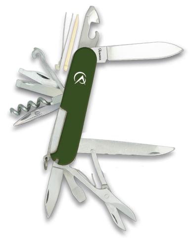 Green multi-tool pocket knife with 14 tools
