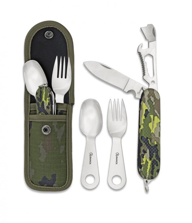 Conjunto de talheres de acampamento de camuflagem verde com capa ...