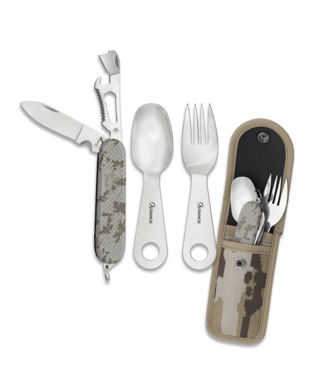 Arid camouflage camping cutlery set with fork, spoon and 7-use kn...
