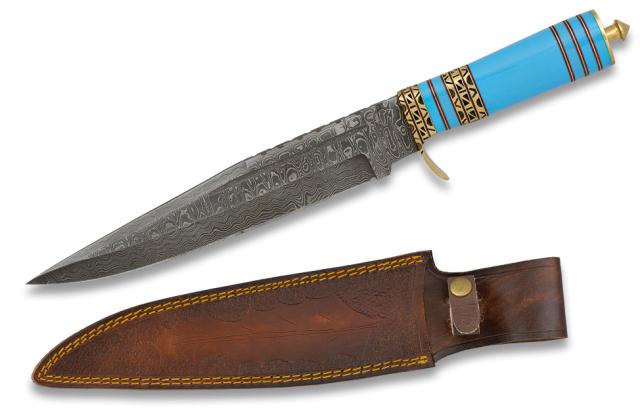 Sporting knife with Damascus blade and leather sheath Albainox