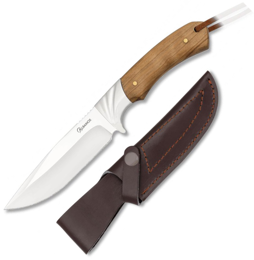 Cuchillo caza Albainox con mango de olivo, virola de acero, funda...