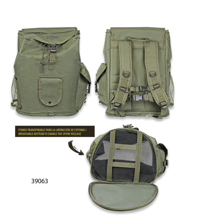 Mochila para recolección de setas con fondo transpirable