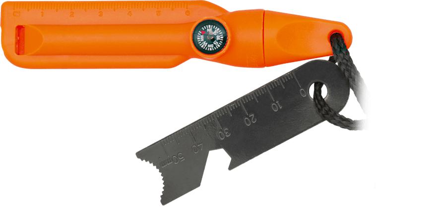 Pedernal de magnesio de color naranja con brújula y silbato
