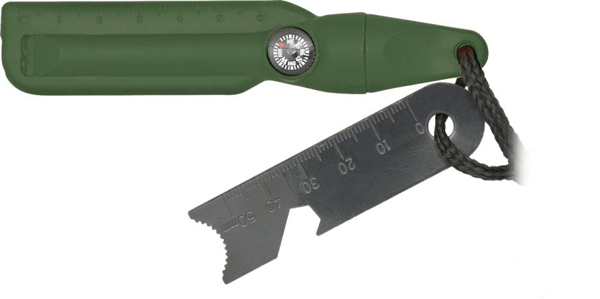 Green flint with whistle and compass presented in blister