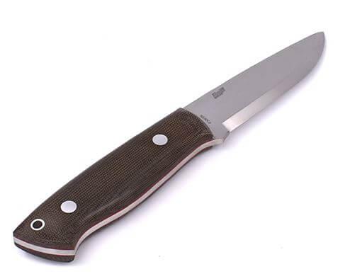 Brisa Trapper 95 scandi Bushcraft knife with green micarta handle and bushcraft sheath with flint