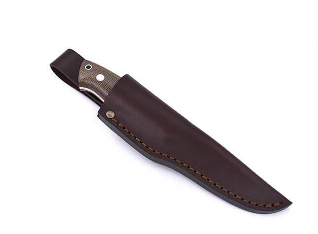 Brisa Trapper 95 scandi Bushcraft knife with green micarta handle and bushcraft sheath with flint
