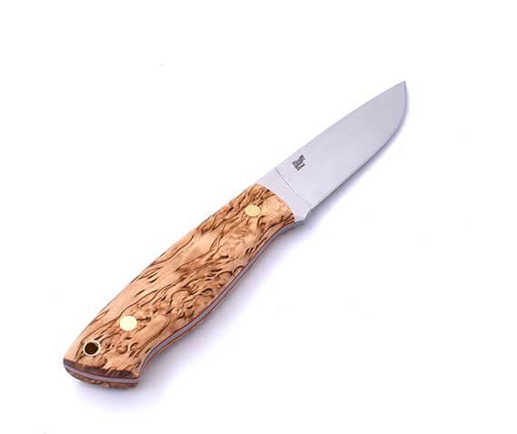 Coltello piatto Bushcraft Brisa Trapper 95 con manico in legno di betulla riccio stabilizzato e fodero trapper