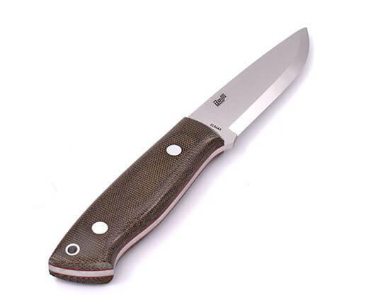 Bushcraft Brisa Trapper 95 scandi knife with green micarta handle with Elmax steel and bushcraft sheath with firesteel