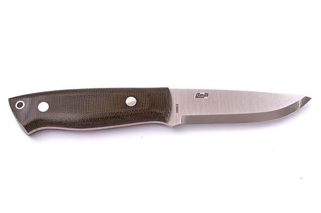 Bushcraft Brisa Trapper 95 scandi knife with green micarta handle with Elmax steel and bushcraft sheath with firesteel