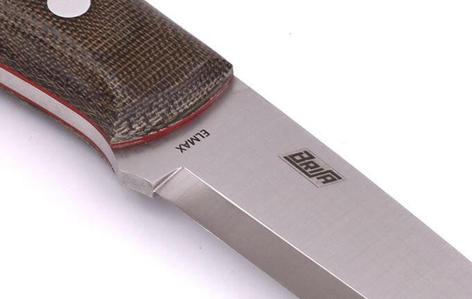 Bushcraft Brisa Trapper 95 scandi knife with green micarta handle with Elmax steel and bushcraft sheath with firesteel