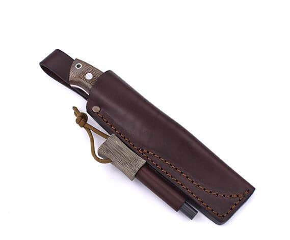 Bushcraft Brisa Trapper 95 scandi knife with green micarta handle with Elmax steel and bushcraft sheath with firesteel