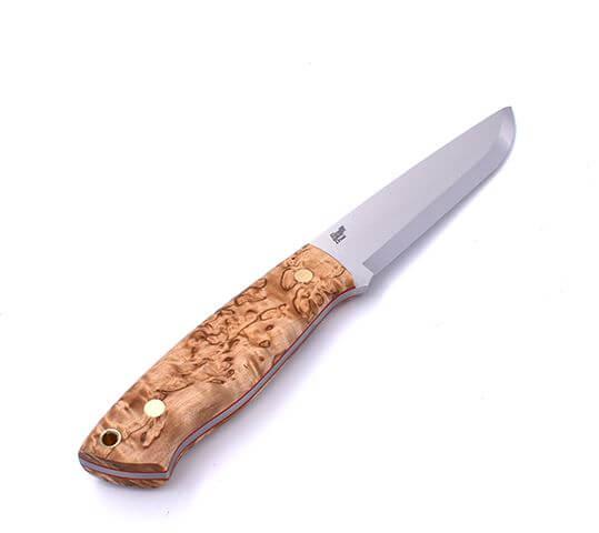 Bushcraft knife Brisa Trapper 115 scandi with stabilized curly birch wood handle with Elmax steel and bushcraft sheath