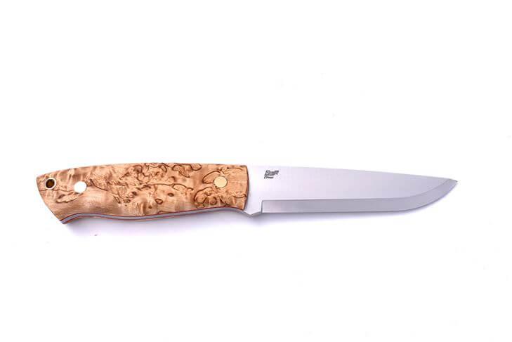 Bushcraft knife Brisa Trapper 115 scandi with stabilized curly birch wood handle with Elmax steel and bushcraft sheath