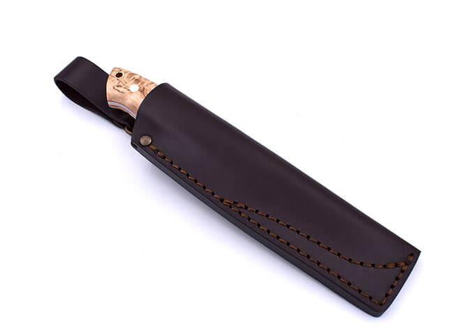 Bushcraft knife Brisa Trapper 115 scandi with stabilized curly birch wood handle with Elmax steel and bushcraft sheath