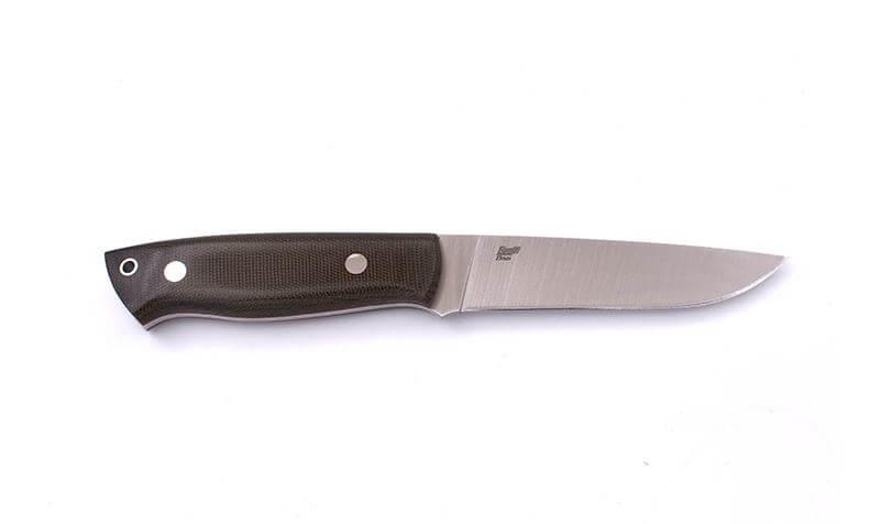 Brisa Trapper 115 with green micarta handle and flat Elmax steel blade with bushcraft sheath with flint
