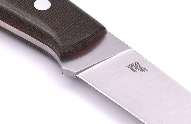 Brisa Trapper 115 with green micarta handle and flat Elmax steel blade with bushcraft sheath with flint