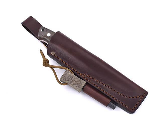 Brisa Trapper 115 with green micarta handle and flat Elmax steel blade with bushcraft sheath with flint