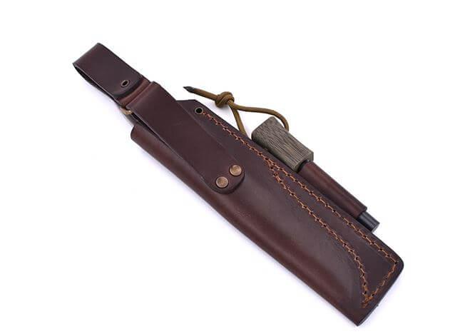 Brisa Trapper 115 with green micarta handle and flat Elmax steel blade with bushcraft sheath with flint